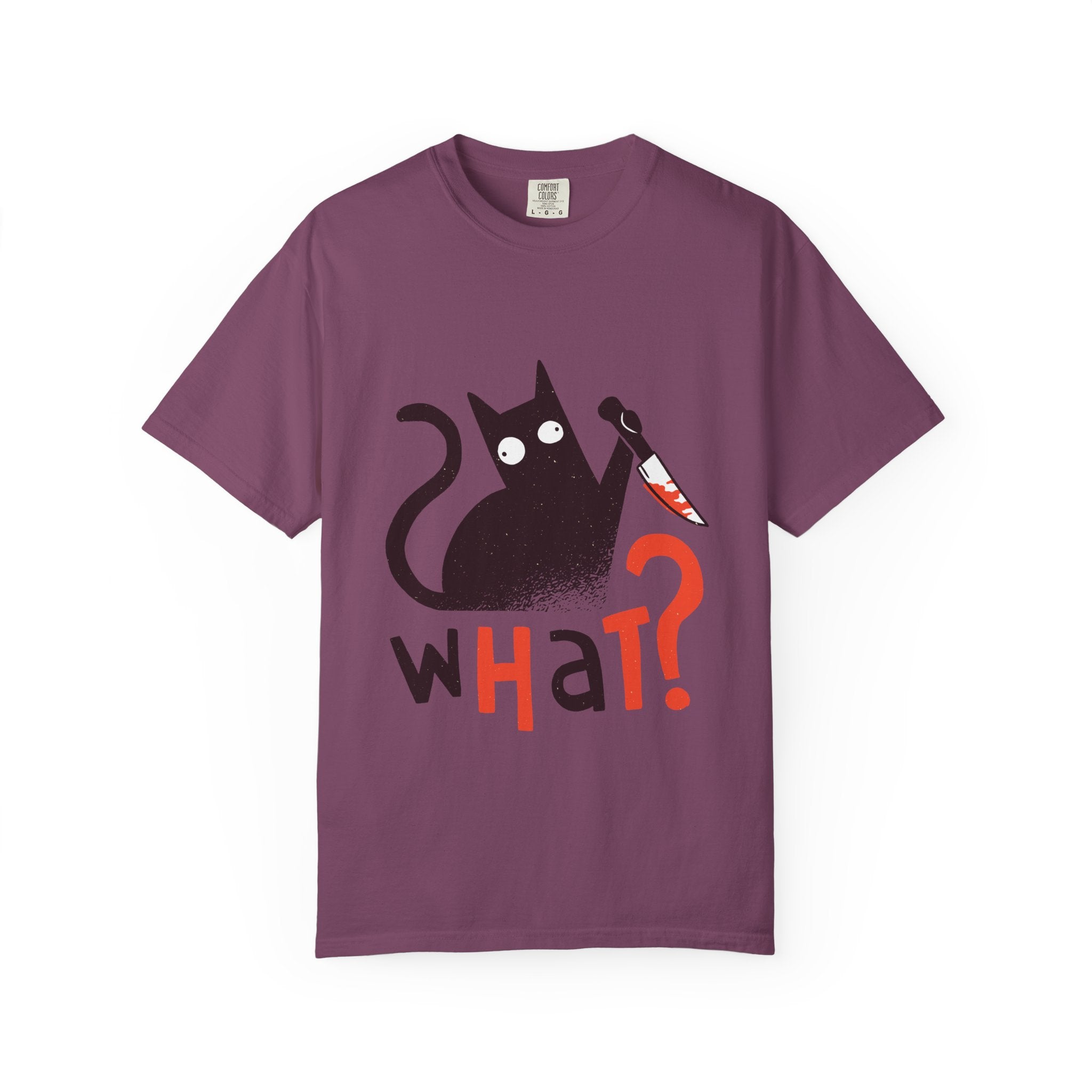 What? Cat Graphic T-Shirt — Funny Horror Cat Tee with Knife Design