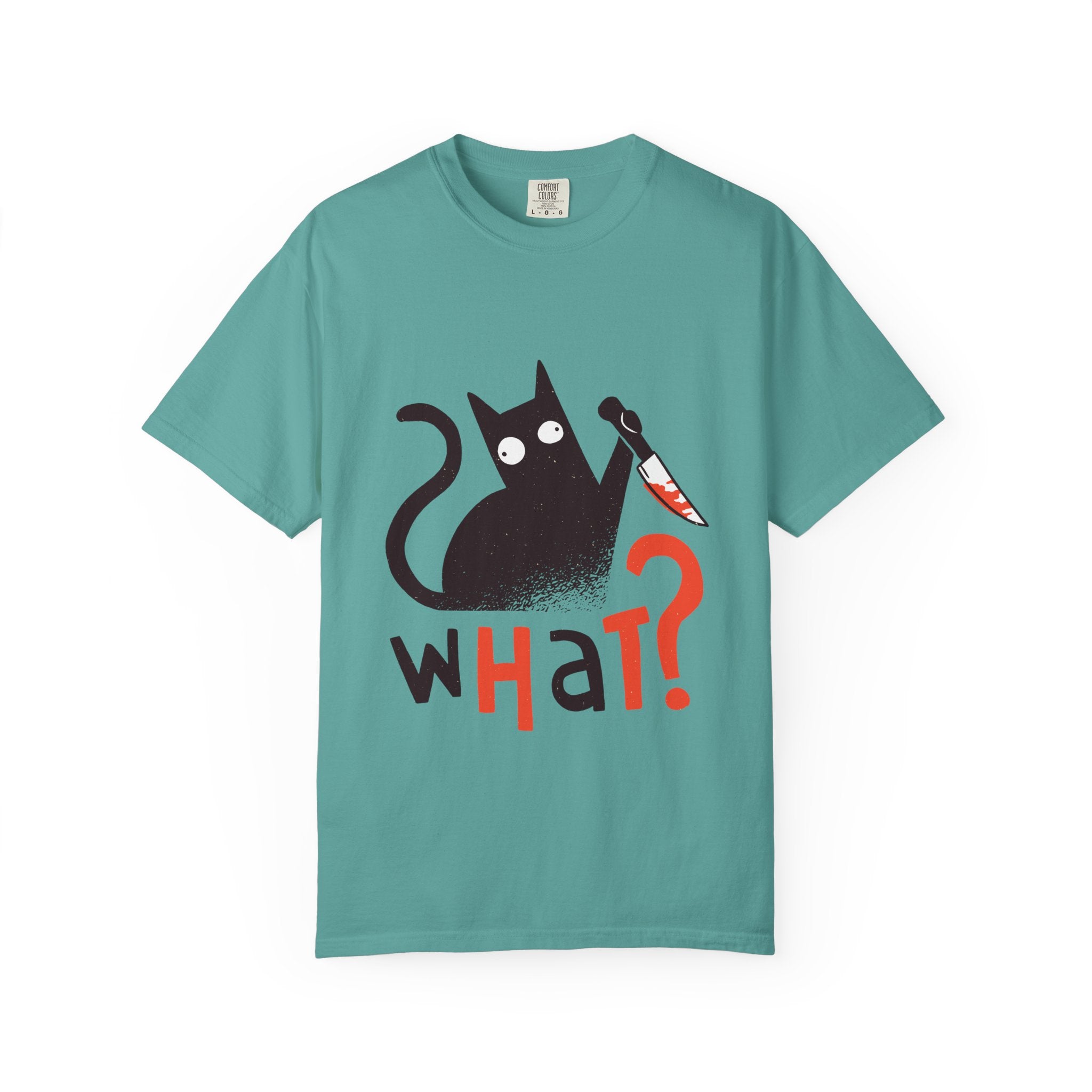 What? Cat Graphic T-Shirt — Funny Horror Cat Tee with Knife Design