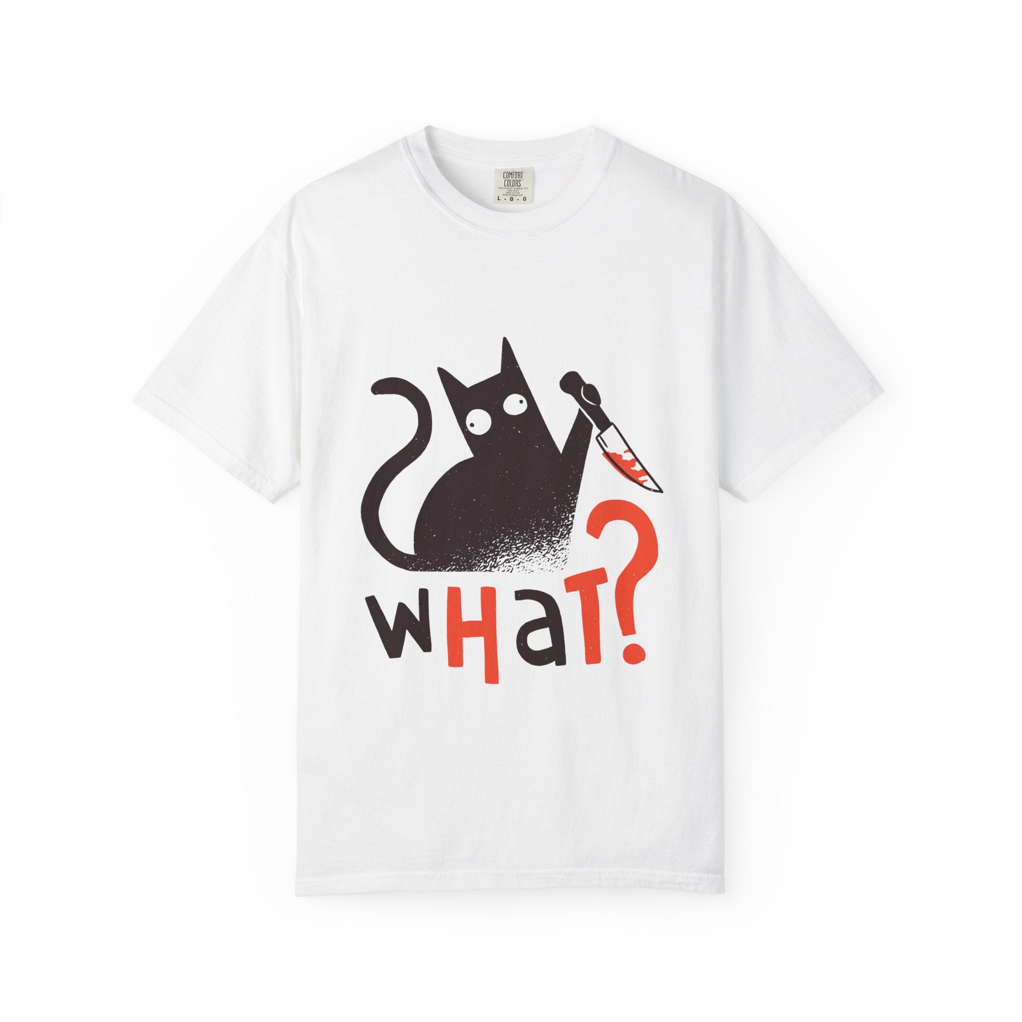 What? Cat Graphic T-Shirt — Funny Horror Cat Tee with Knife Design