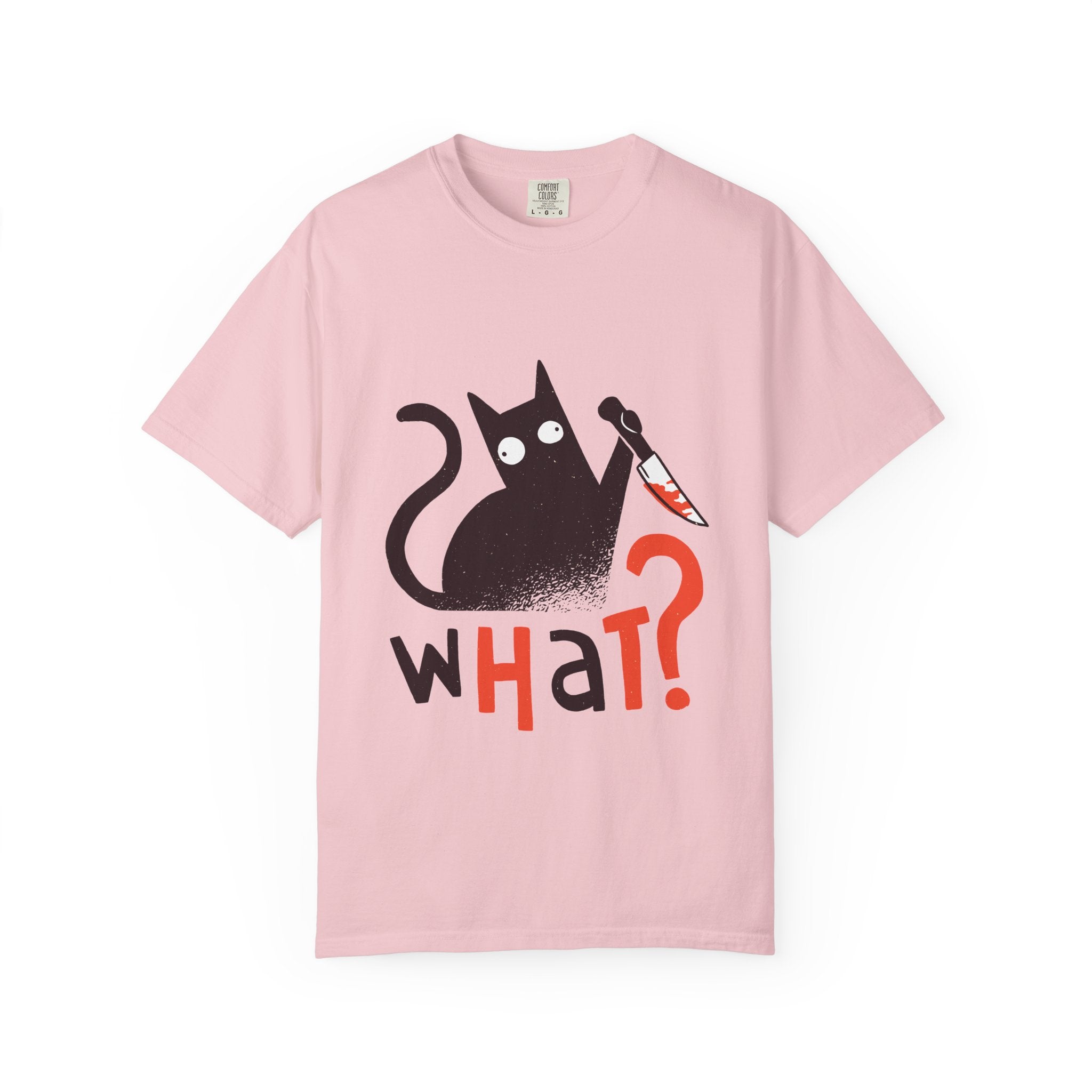 What? Cat Graphic T-Shirt — Funny Horror Cat Tee with Knife Design