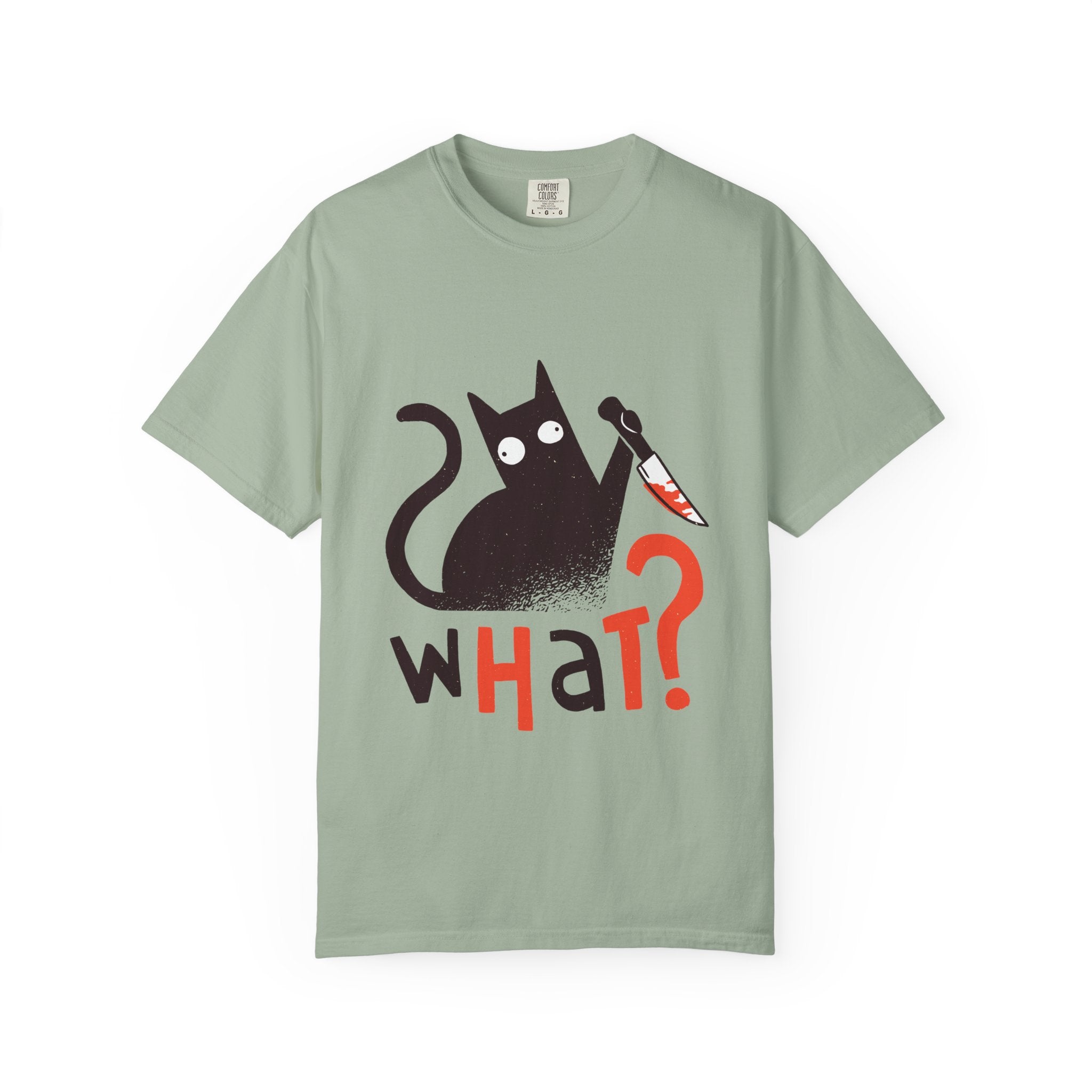 What? Cat Graphic T-Shirt — Funny Horror Cat Tee with Knife Design
