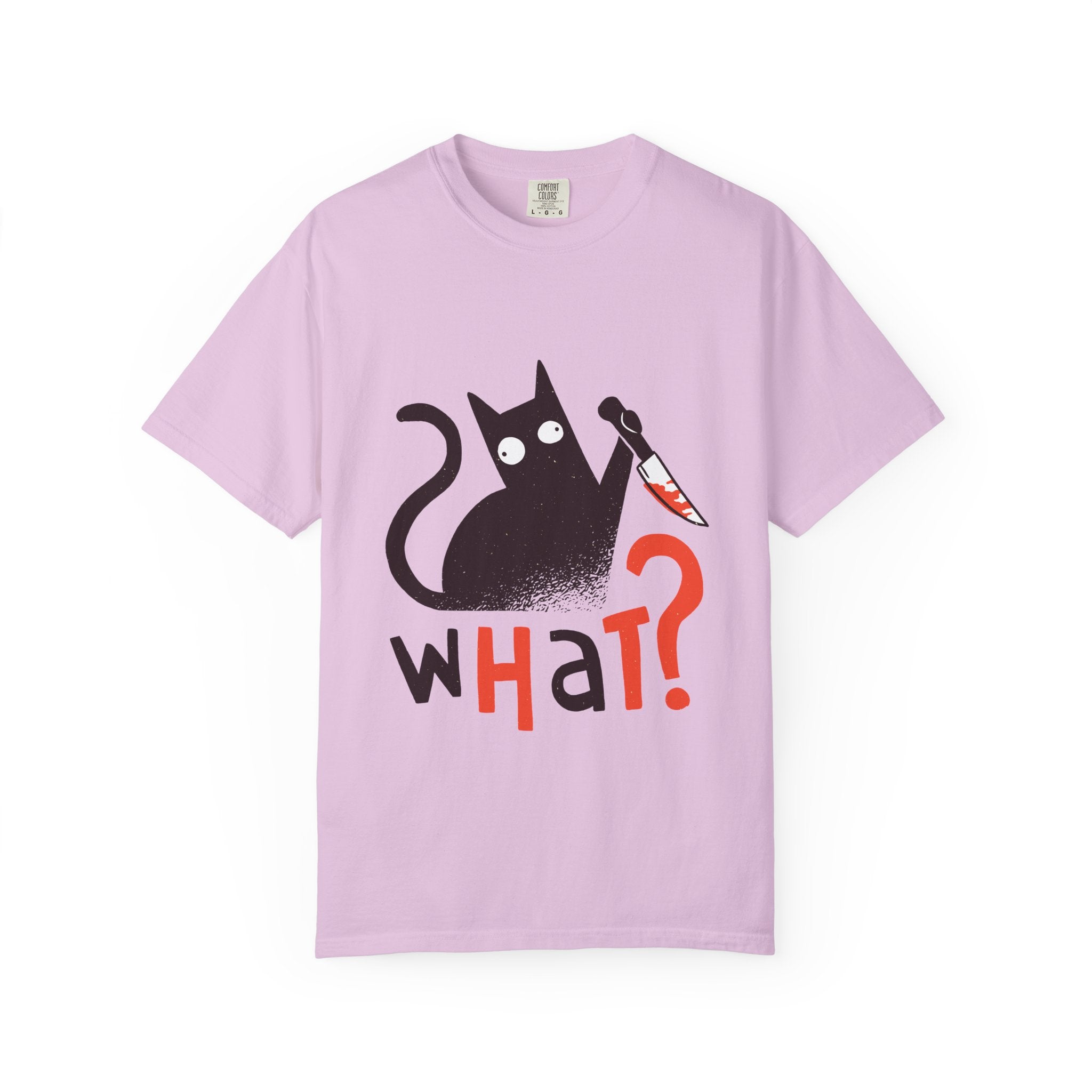 What? Cat Graphic T-Shirt — Funny Horror Cat Tee with Knife Design