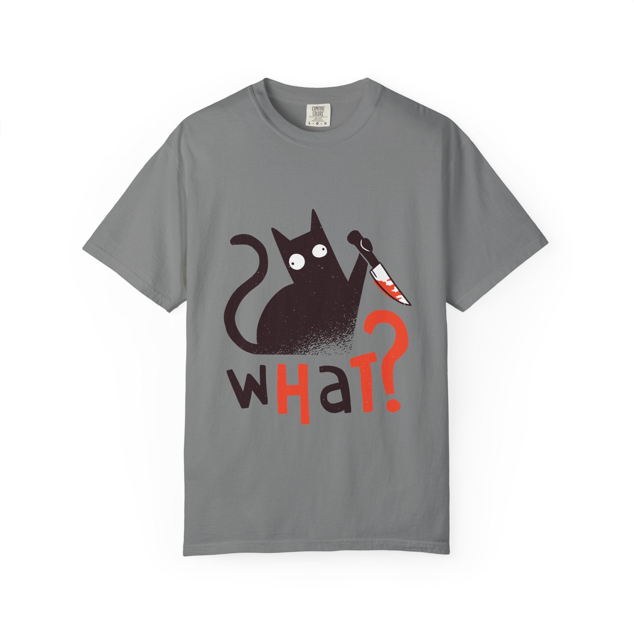 What? Cat Graphic T-Shirt — Funny Horror Cat Tee with Knife Design