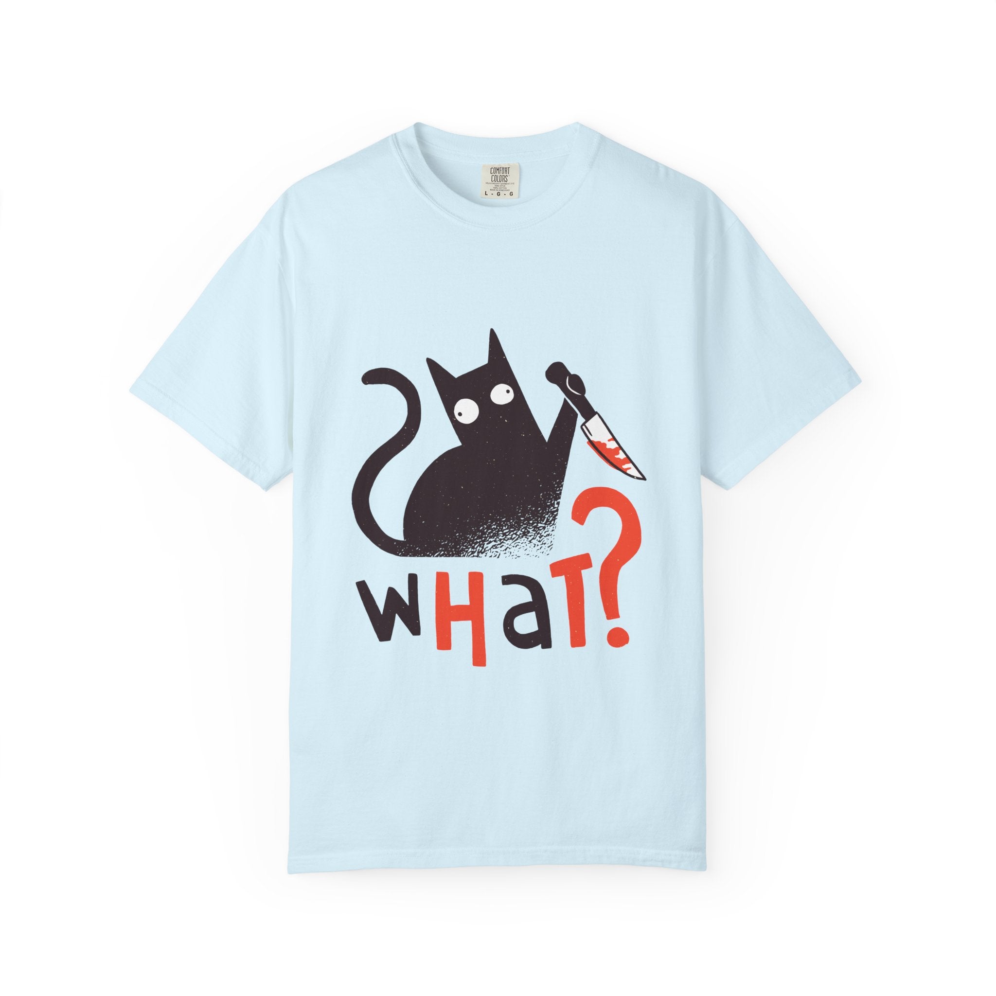 What? Cat Graphic T-Shirt — Funny Horror Cat Tee with Knife Design